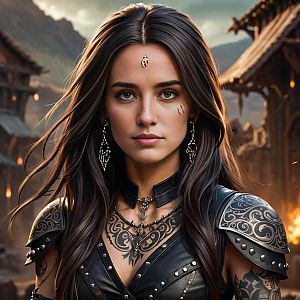 Fantasy Warrior Woman Portrait with Tribal Tattoos