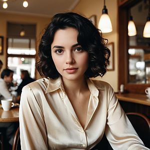 Young Woman in Silk Blouse Sitting in Cozy Cafe Portrait