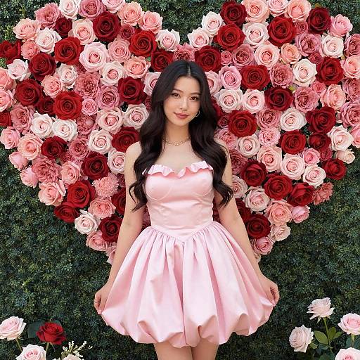Woman in Pink Valentine's Dress with Heart-Shaped Rose Wall Background