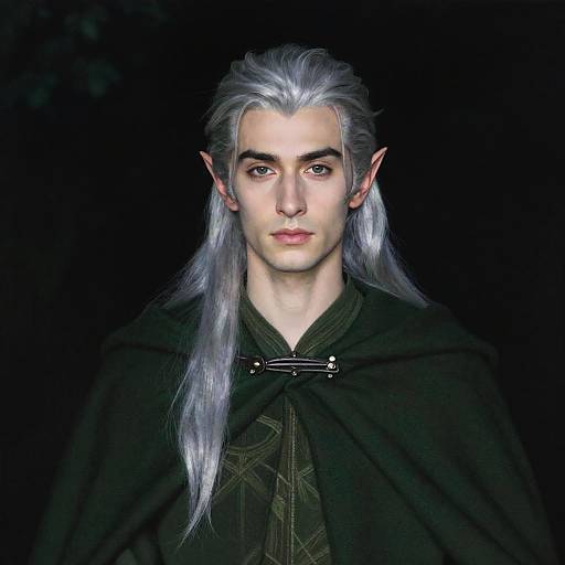 Fantasy Elf Portrait with Silver Hair and Green Cloak