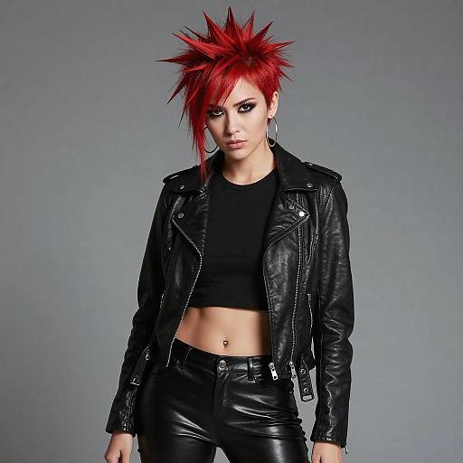 Edgy Gen Z Woman with Red Spiked Hair in Punk Rock Leather Outfit