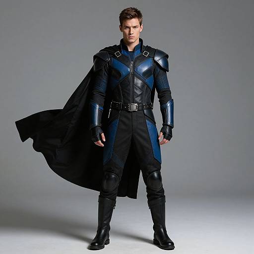 Man in Futuristic Blue and Black Superhero Costume with Cape