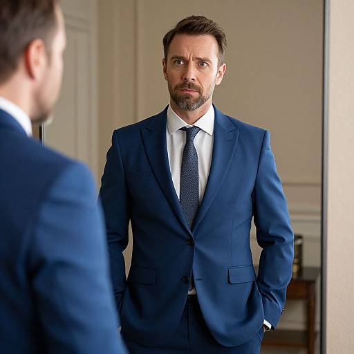 Man in Blue Suit Looking in Mirror Reflecting Confidence and Contemplation