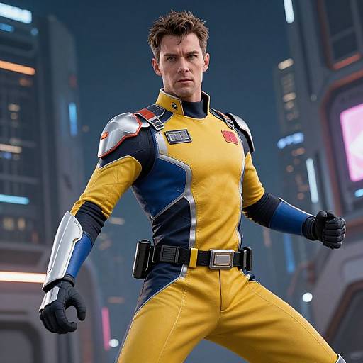 Man in Futuristic Yellow and Blue Armored Suit Posing in Sci-Fi City