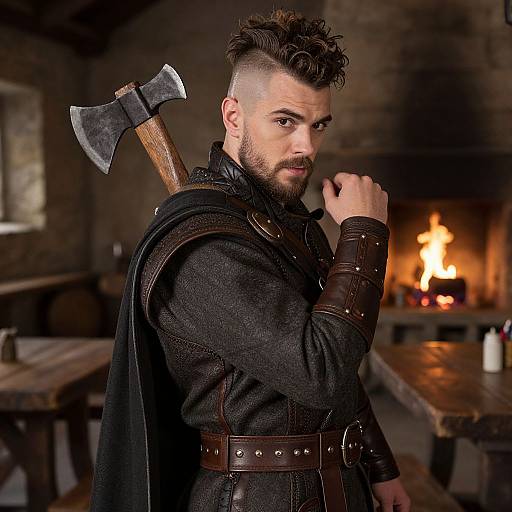 Medieval Warrior Man with Battle Axe in Rustic Interior