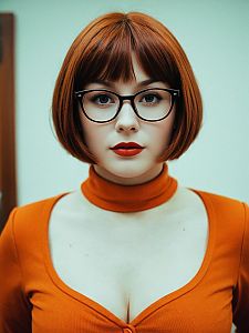 Photorealistic Woman in Velma Costume Cosplay Portrait with Glasses