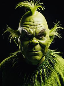 Man in Detailed Grinch Costume Cosplay with Green Makeup and Fur