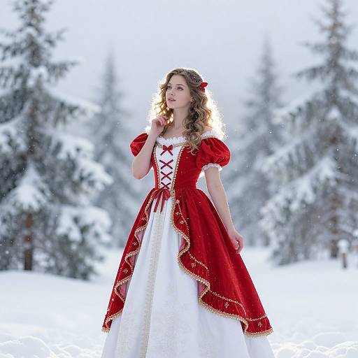 Woman in Elegant Renaissance Style Dress in Snowy Forest