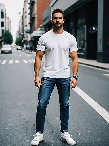 Athletic Man Wearing White T-Shirt and Slim-Fit Jeans Standing on Urban Street