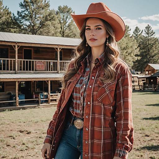 Woman in Rustic Cowboy Hat and Plaid Shirt at Ranch
