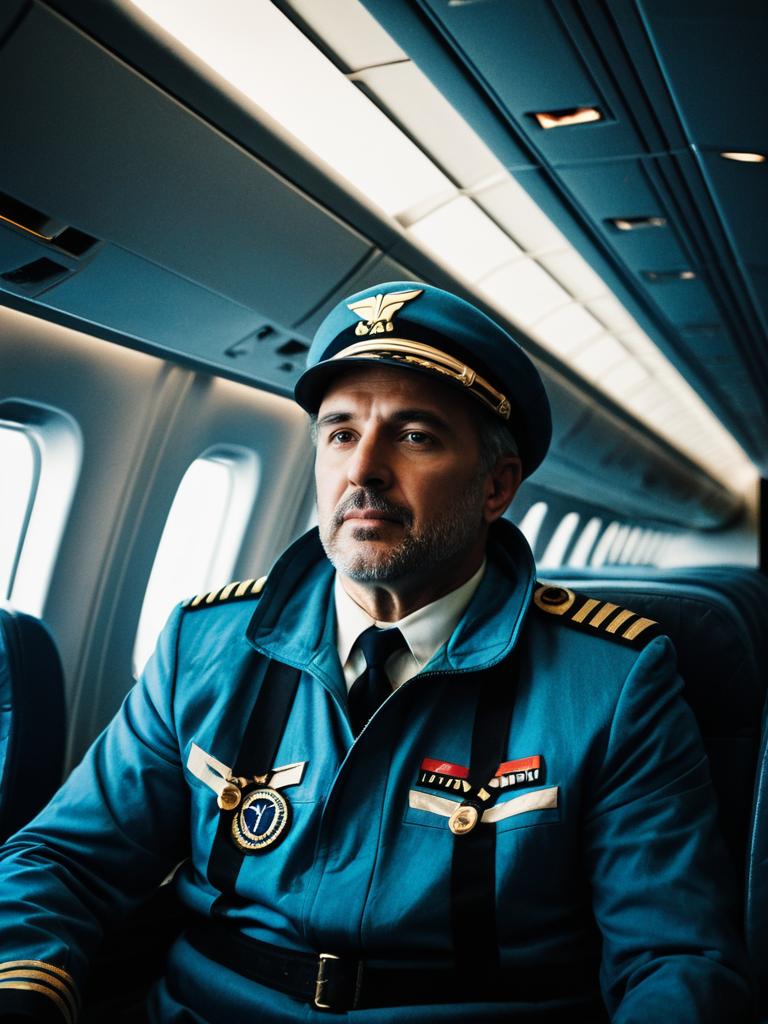 Cinematic Portrait of Man in Airliner Pilot Costume Inside Airplane Cabin