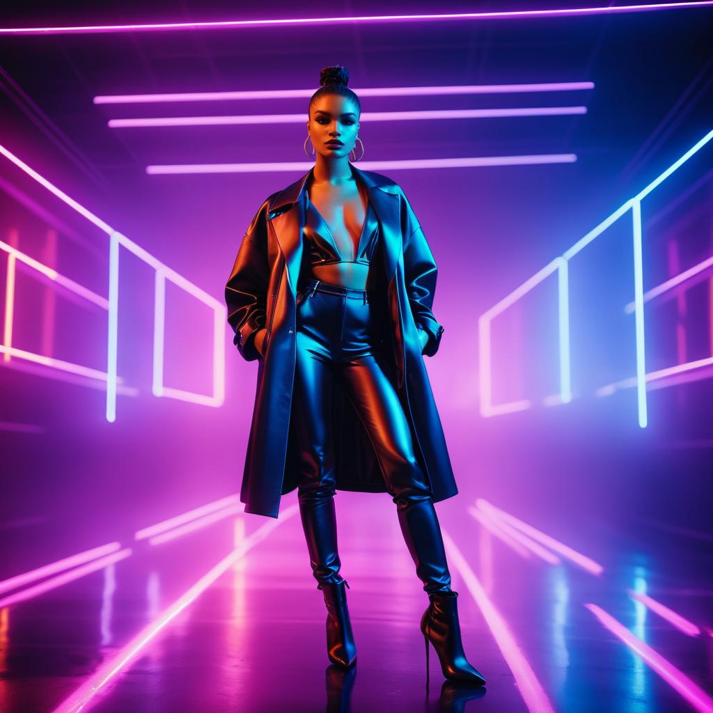 Confident Woman in Black Outfit with Neon Lights