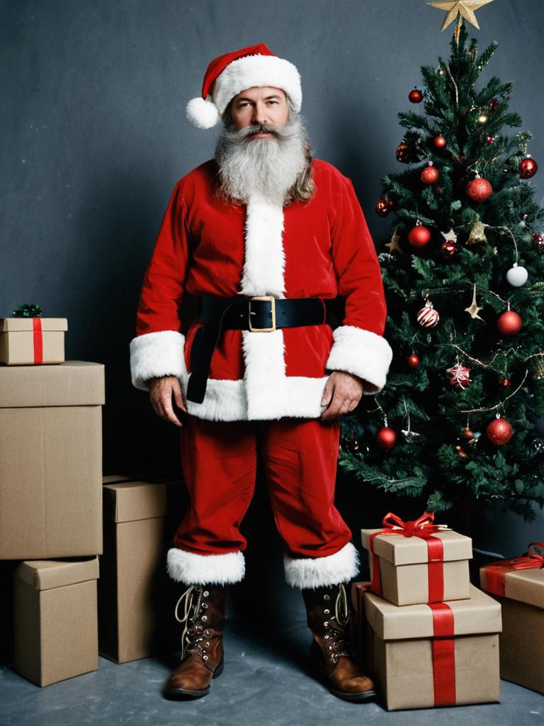 Realistic Man in Santa Claus Costume with Christmas Tree and Gift Boxes