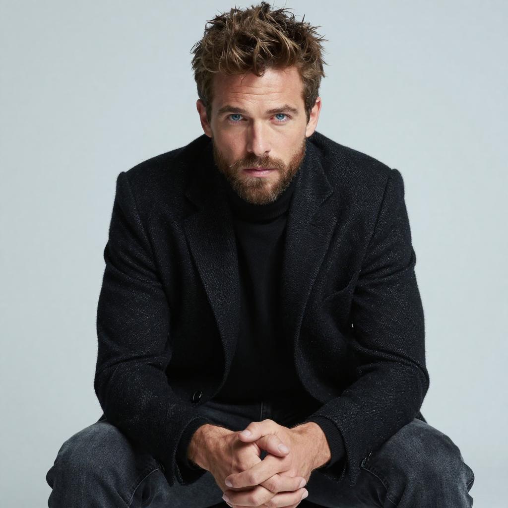 Confident Young Man in Black Turtleneck and Blazer Portrait