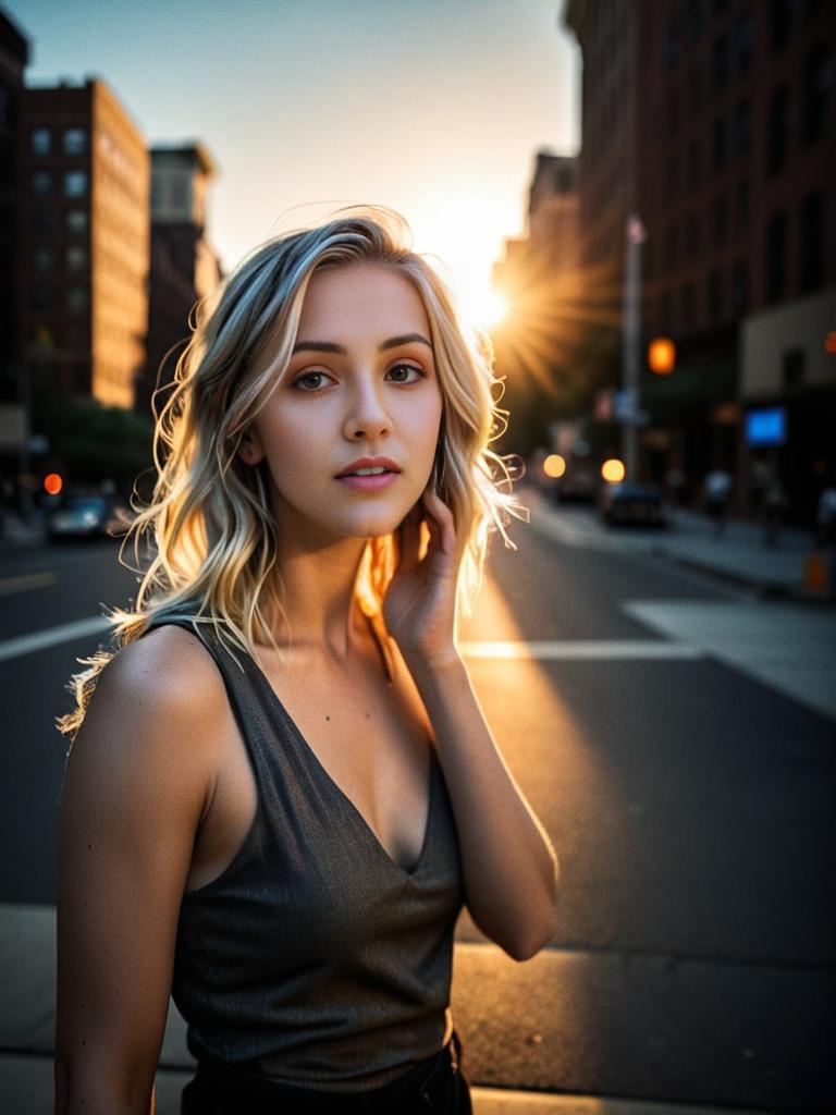 Woman with Blonde Hair at Sunset on City Street