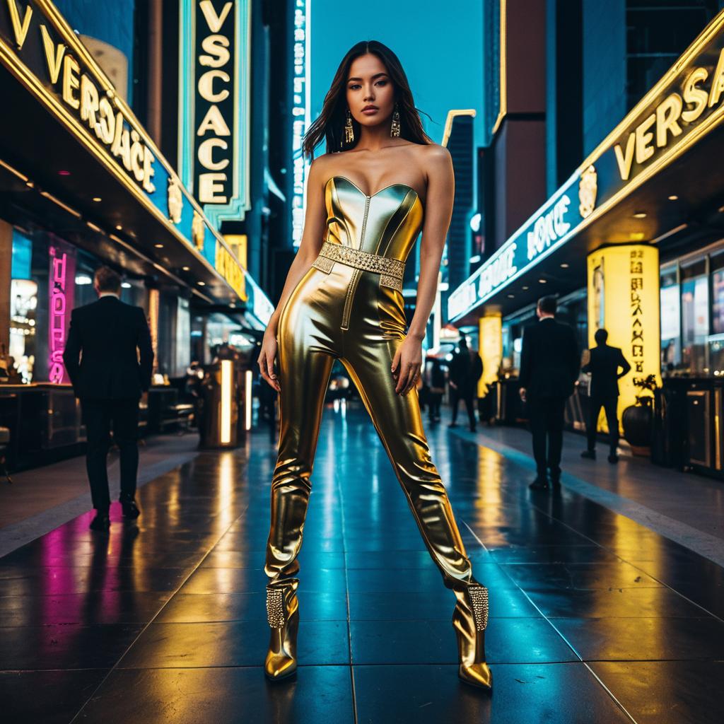 Fashionable Woman in Metallic Gold Jumpsuit at Nighttime Versace Street