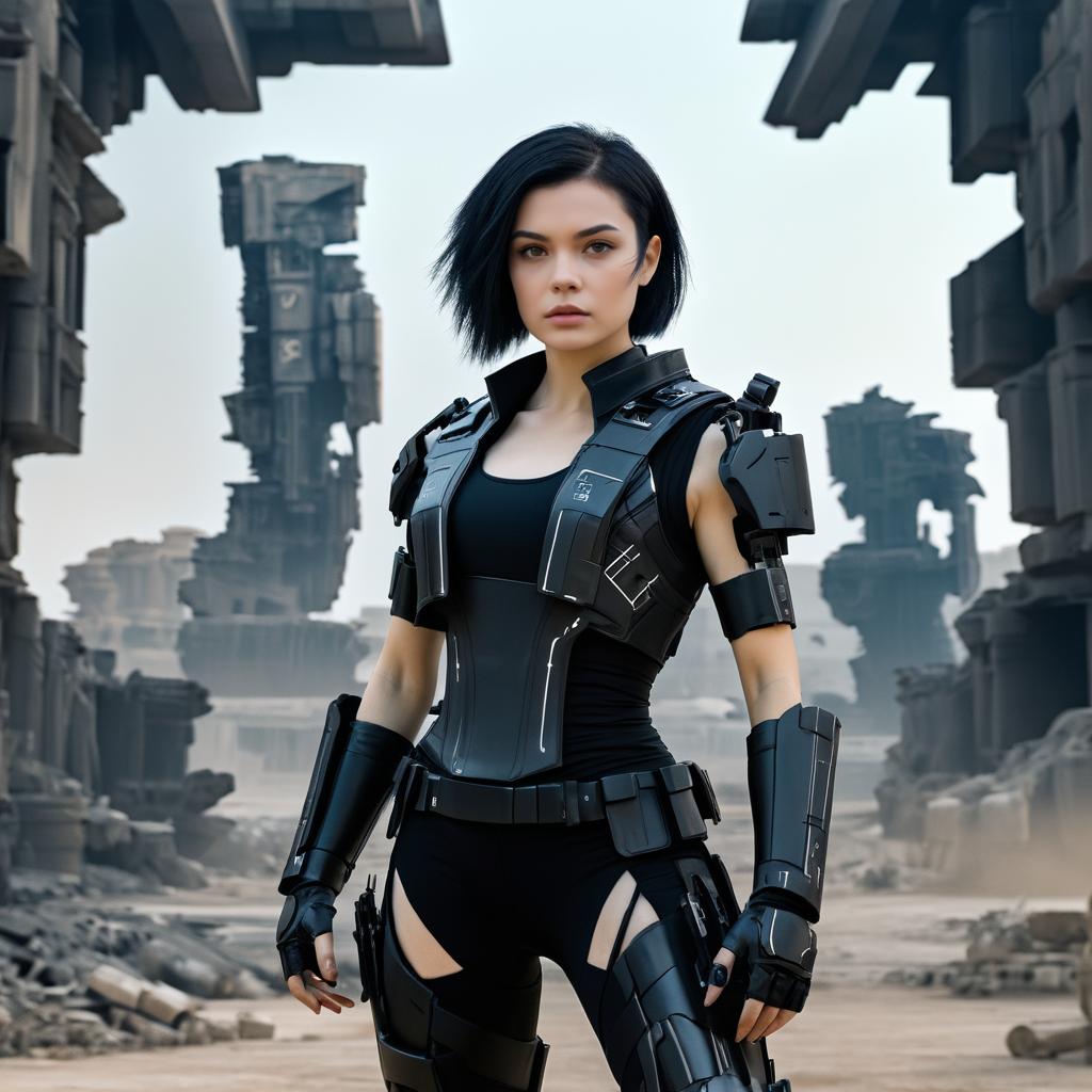 Confident Woman in Futuristic Armor Amidst Sci-Fi Ruins