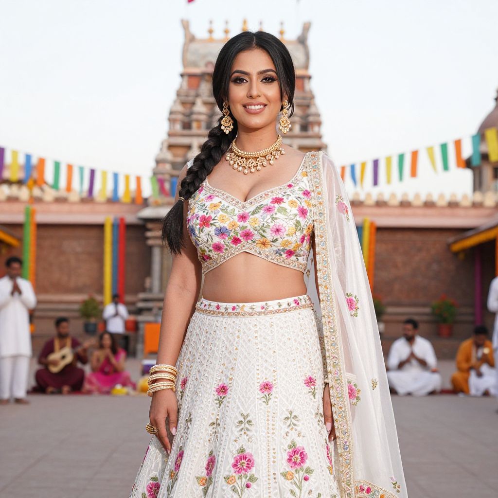 Woman in Traditional White Floral Lehenga Choli at Indian Temple Festival