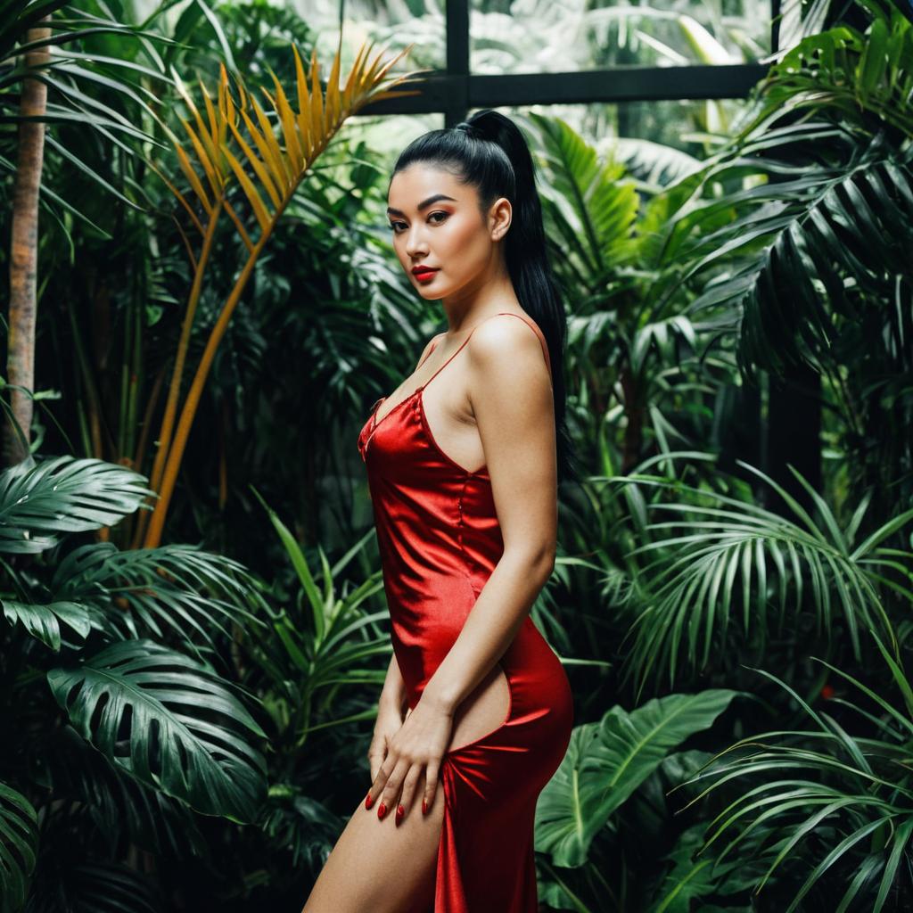 Elegant Woman in Red Satin Dress Among Tropical Greenery