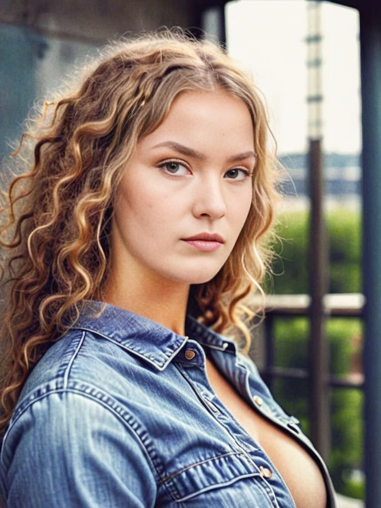 Confident Young Woman in Denim Shirt