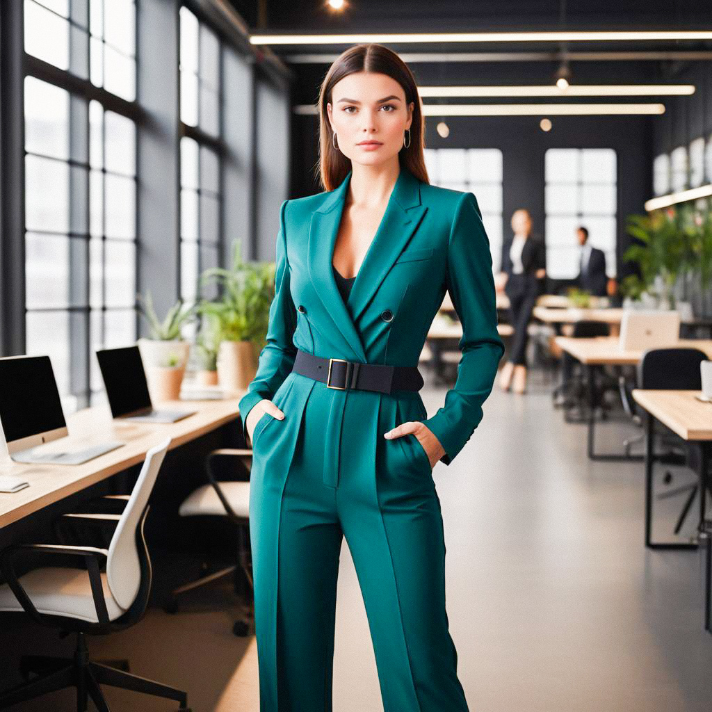 Confident Woman in Green Suit in Modern Office