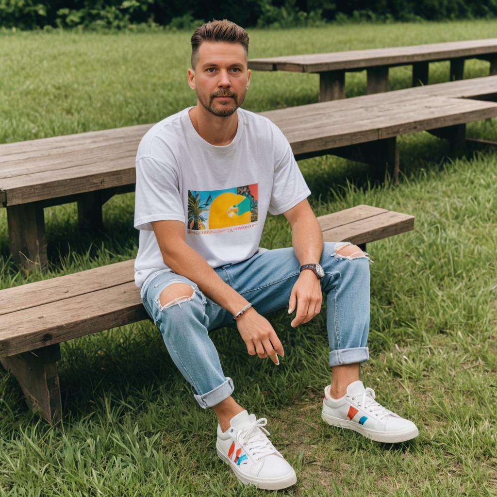 Man on Bench in Casual Attire