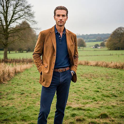 Stylish Man in Brown Suede Blazer and Navy Outfit Outdoors in Countryside