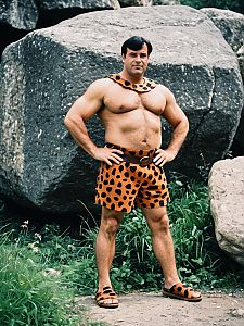 Man in Fred Flintstone Costume Full Body Outdoor Cosplay Photo