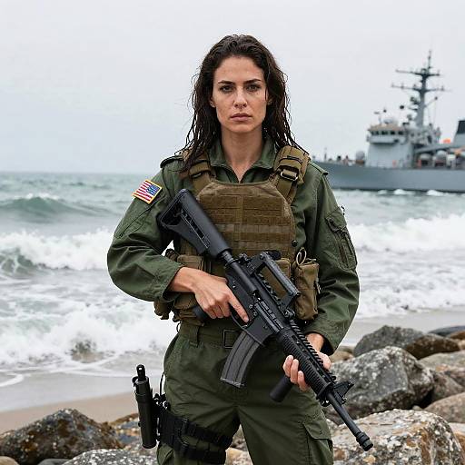 Woman Soldier in Tactical Military Gear Holding Rifle on Beach with Naval Ship