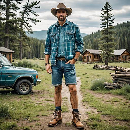 Rustic Western Style Man Standing in Forest with Vintage Pickup and Cabins
