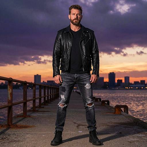 Confident Man Wearing Black Leather Jacket and Ripped Jeans on Pier at Sunset