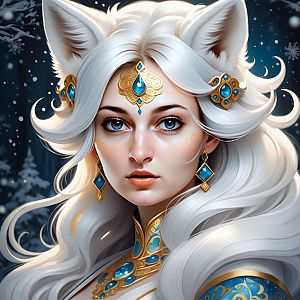 Fantasy Portrait of a Woman with White Hair and Fox Ears
