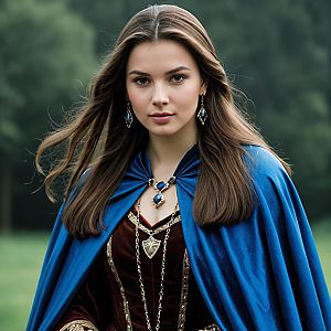 Medieval Fantasy Woman in Blue Cloak and Velvet Dress Portrait