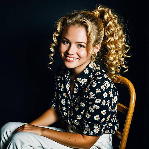 Smiling Blonde Woman in Floral Shirt with Curly Ponytail
