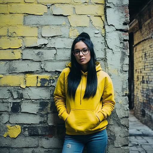 Young Woman in Yellow Hoodie Against Weathered Urban Brick Wall