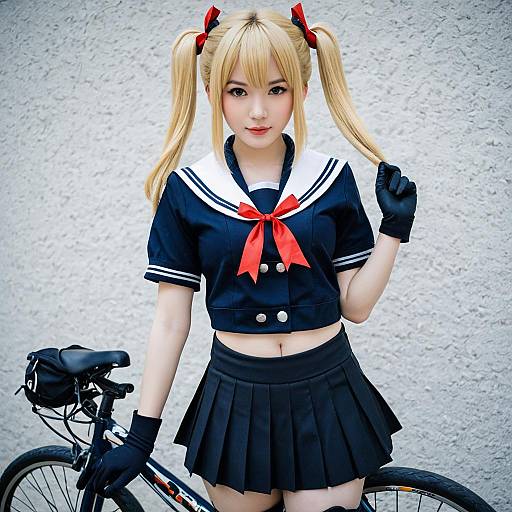 Abukuma Kai Ni KanColle Cosplay Woman in Navy Sailor Outfit with Bicycle