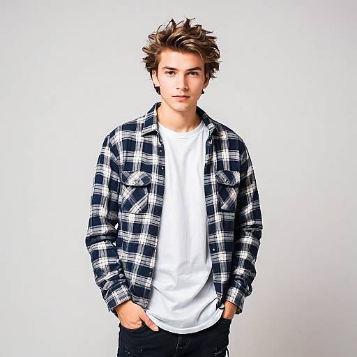 Young Man Wearing Plaid Shirt and White T-Shirt Casual Style