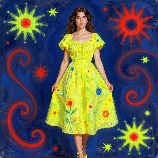 Young Woman in Yellow Dress with Surreal Floral and Star Background
