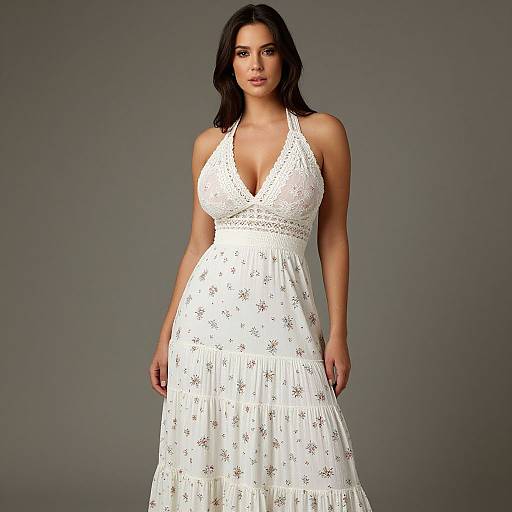 Woman Wearing White Floral Halter-Neck Maxi Dress