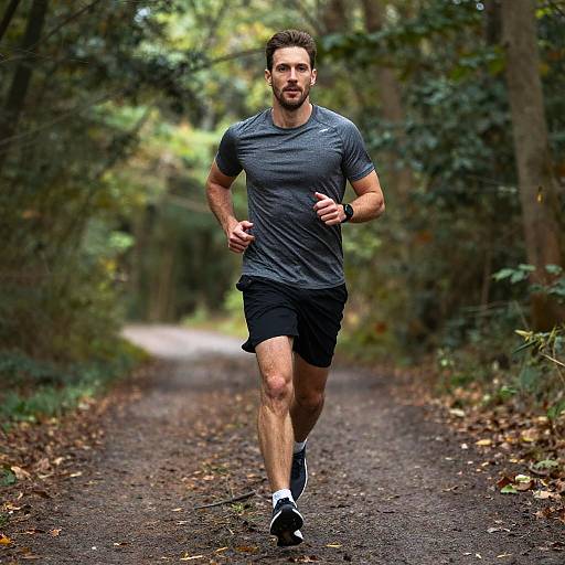 Man Running on Forest Trail During Outdoor Workout