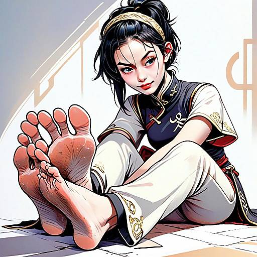 Anime Style Portrait of Woman in Modern Traditional Outfit with Bare Feet