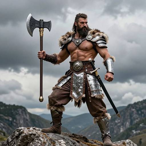 Barbarian Warrior Man in Viking Armor with Battle Axe on Mountain