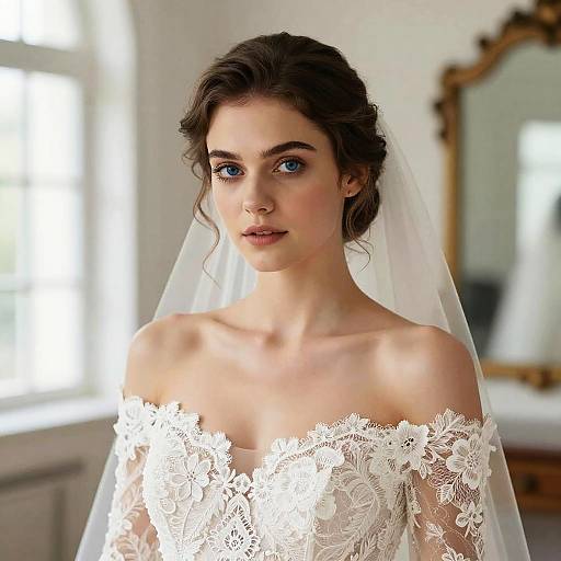 Elegant Young Woman in Off-Shoulder Lace Wedding Dress with Bridal Veil