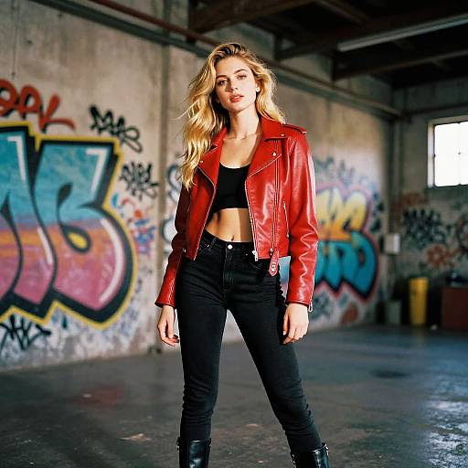 Gen Z Fashion: Young Woman in Red Leather Jacket and Black Jeans with Graffiti Background