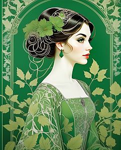 Elegant Woman in Green Gown with Leaf Patterns