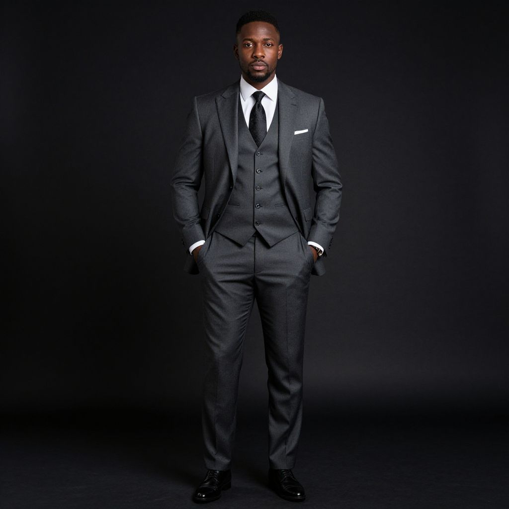 Confident Man in Tailored Dark Gray Three-Piece Suit