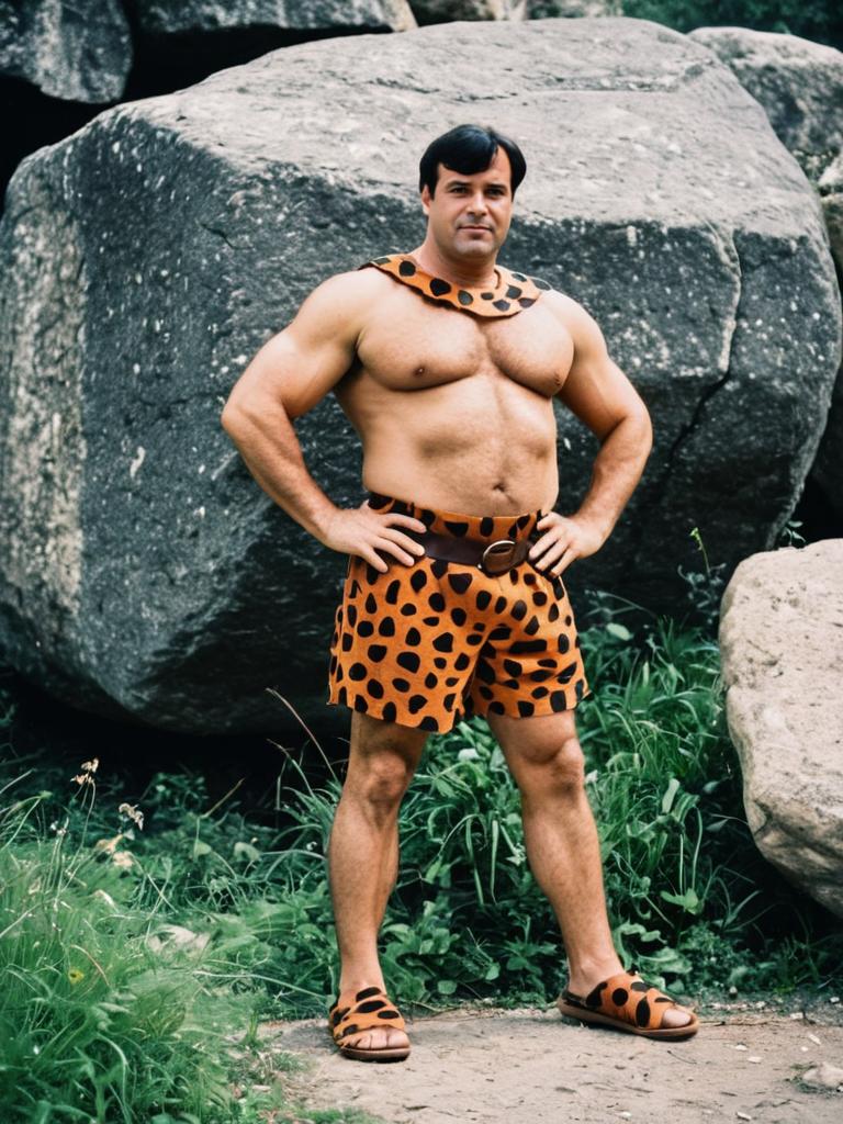 Man in Fred Flintstone Costume Full Body Outdoor Cosplay Photo