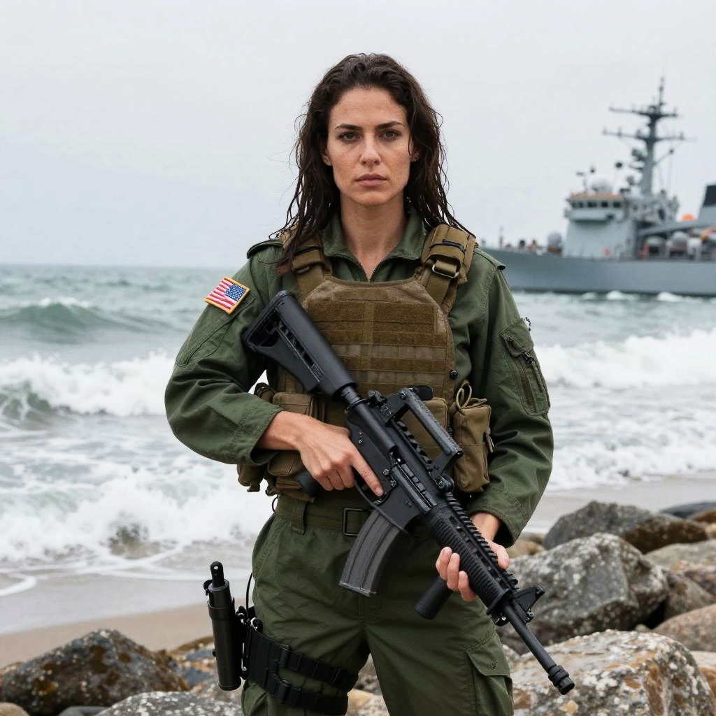 Woman Soldier in Tactical Military Gear Holding Rifle on Beach with Naval Ship
