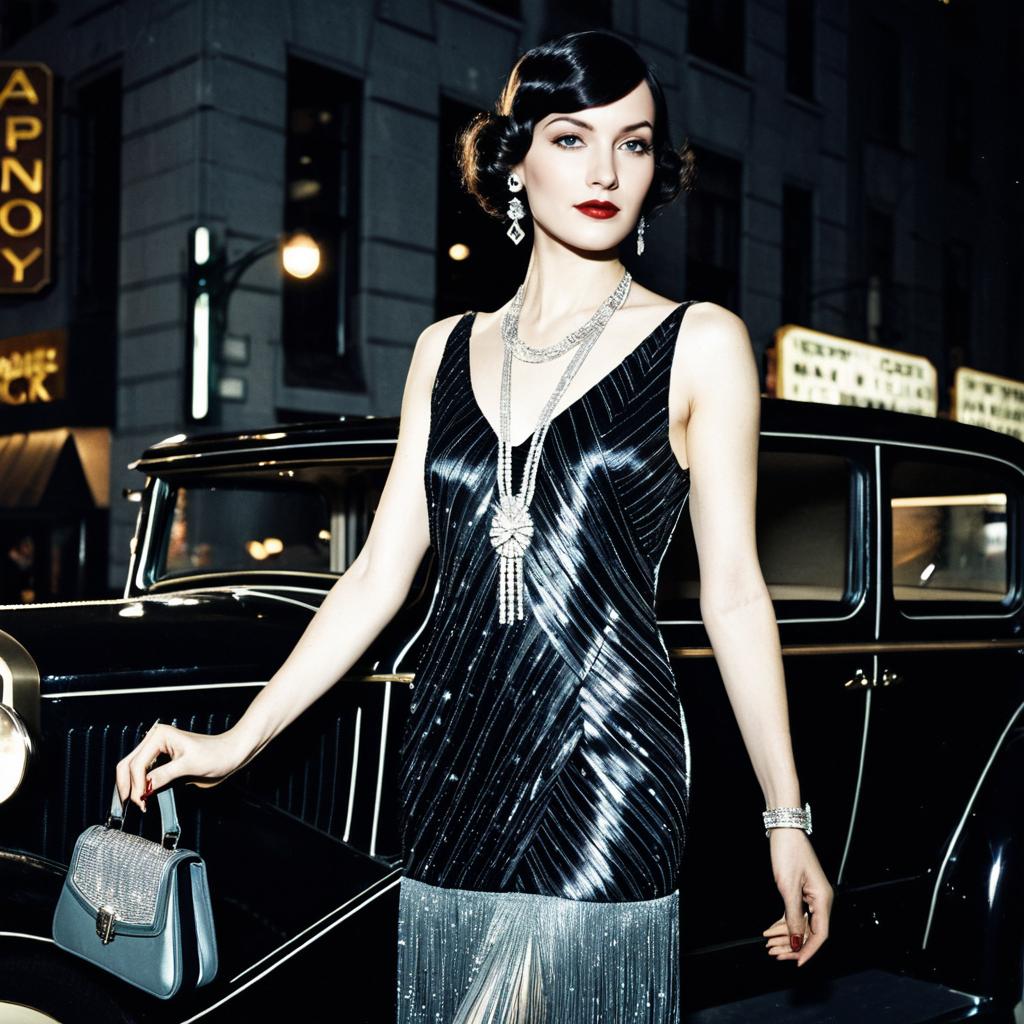Elegant Woman in 1920s Art Deco Fashion with Vintage Car at Night