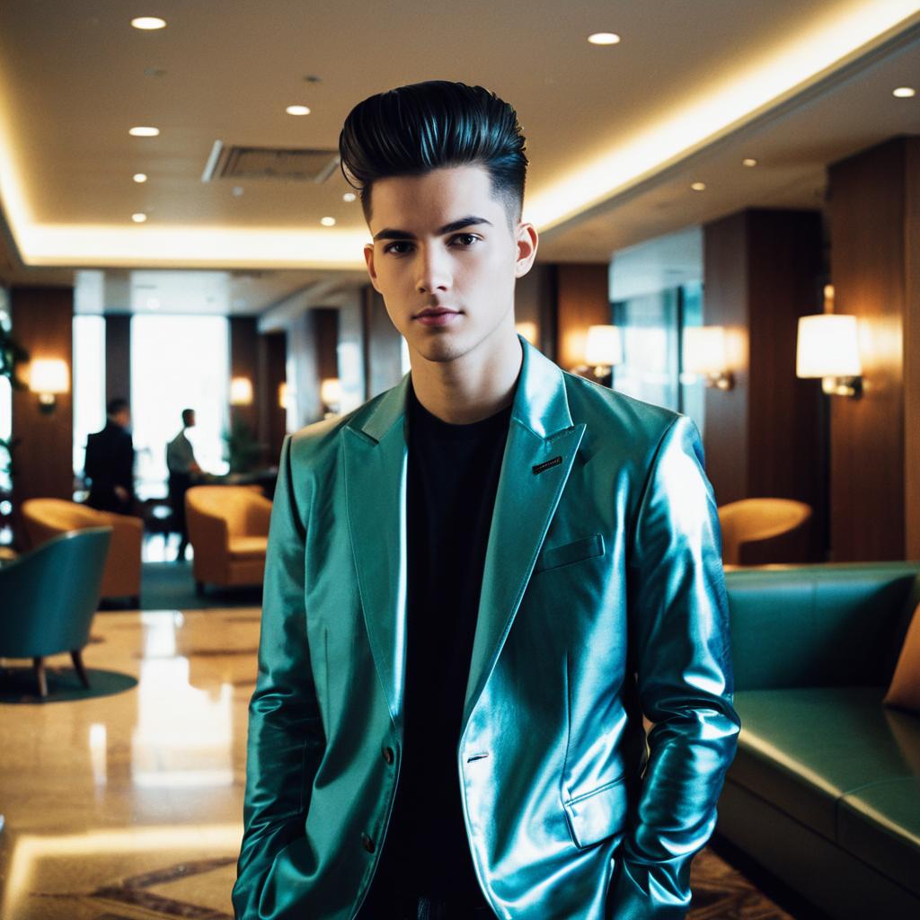 Stylish Young Man in Metallic Teal Blazer in Modern Lounge